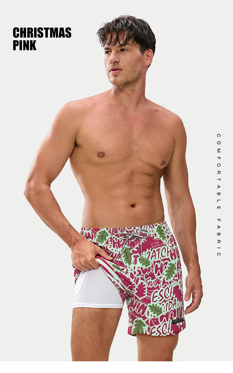 Men's boardshorts by ShopHub NZ featuring classic print, elastic waistband, and 2-in-1 design for beach and sport wear.