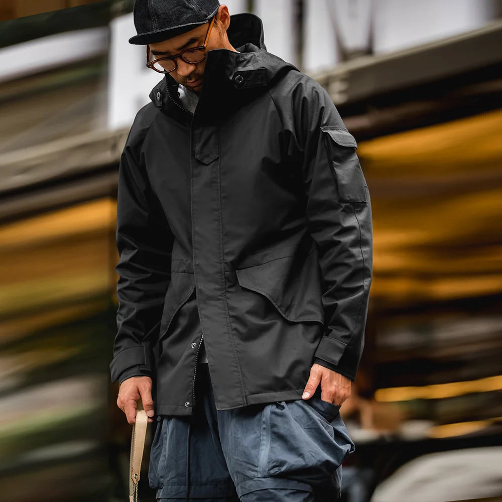 Maden Outdoor Sports Hooded Jacket for Men Black Windbreaker Motorcycle Style Mid-length with Multi-pockets Coat for Autumn