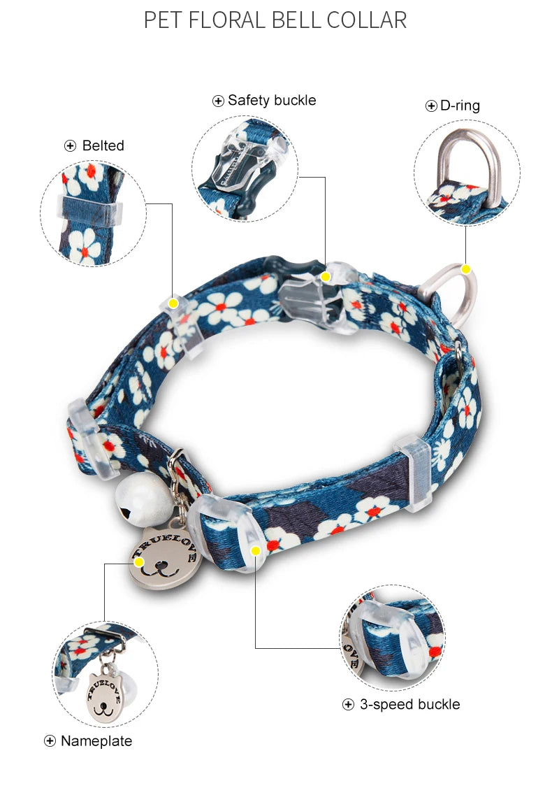 Truelove Pet Floral Collar with Bell Puppy Kitten Nameplate Necklace Cat and Dog Pet Supplies British Shorthair ChihuahuaTLC5312