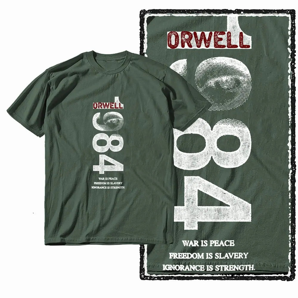 G01 Army Green Cotton Big Size 1984 Graphic Men T-shirt | Streetwear Cool Vintage O-neck Men's Tee Tshirt