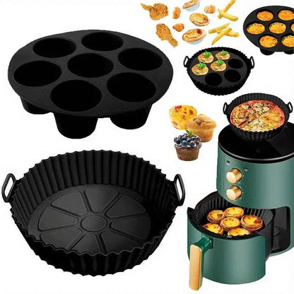 7-Cavity Silicone Air Fryer Set - 2PC Nonstick Cake Mold & Basket Fit 0.92-1.53L, Dishwasher Safe Baking/Roasting