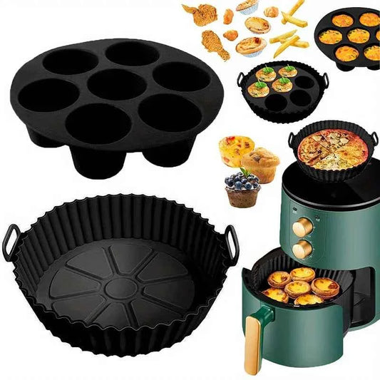 7-Cavity Silicone Air Fryer Set - 2PC Nonstick Cake Mold & Basket Fit 0.92-1.53L, Dishwasher Safe Baking/Roasting