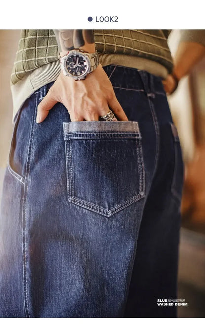 Maden 15oz Slub Cotton Denim Jeans Vintage Men's Washed Blue Straight Tapered Trousers Pants with Pockets for Men Autumn Winter