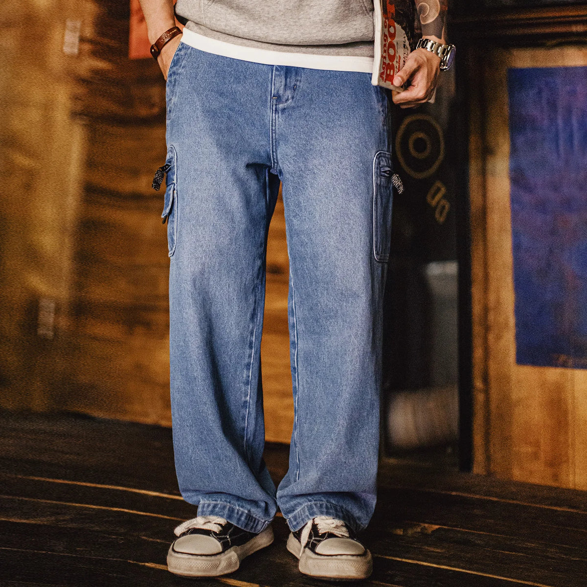 Maden Men's Vintage 10.5oz Washed Denim Jeans Loose Fit Cargo Pocket Workwear Pants Casual Blue Trousers for Spring and Autumn