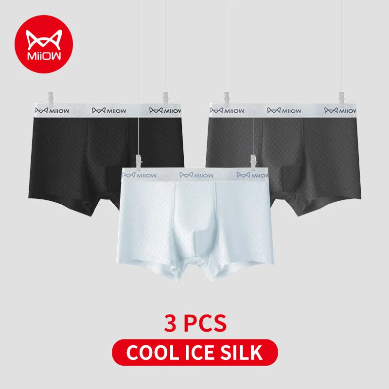 MiiOW 3Pcs Men's Breathable Boxers - Ice Silk Antibacterial Underwear with Cool Breathable Mesh