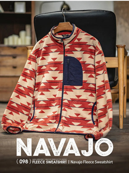 Maden Men's Vintage Navajo Polar Fleece Jacket Stand Collar Zip-Up Patchwork Sweatshirt Warm Cardigan for Spring and Autumn Coat