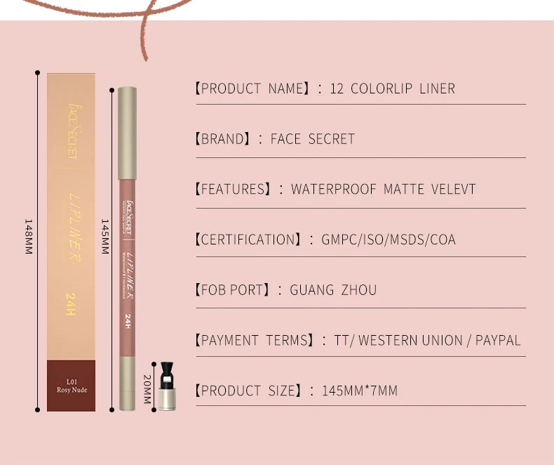 ShopHub NZ Face Secret 12 Colour Lipliner makeup pencil with vibrant shades, shown with multiple color swatches and pencil tip.