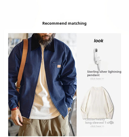 Maden Men's Retro J001 Detroit Jacket Heavyweight Canvas Hunting Coat Lapel Collar Work Jackets with Zipper for Spring Fall