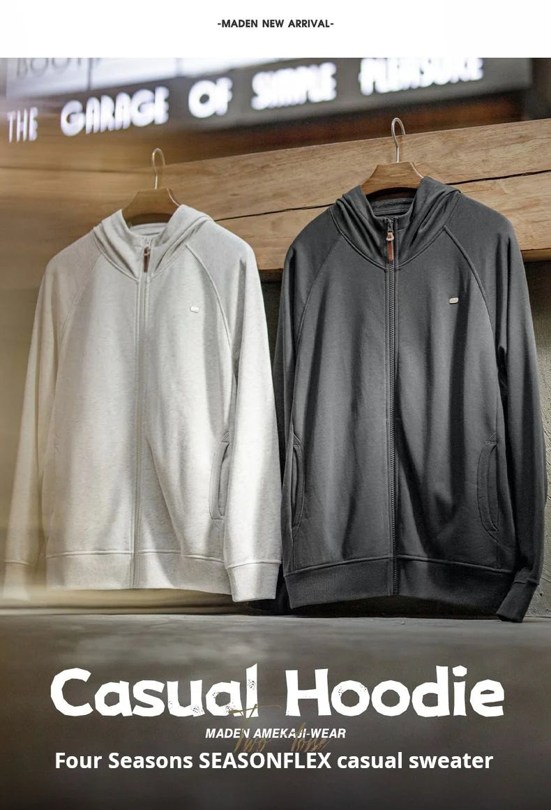 Maden Men's Casual Loose Fit Hoodie Raglan Sleeves Heather Gray Cardigan Ribbed Hem Long Sleeve Outerwear for Spring Fall