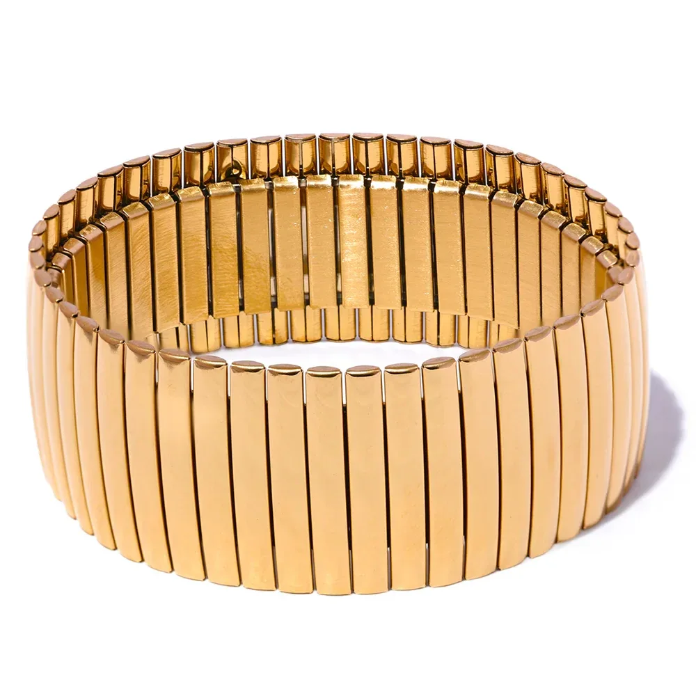 Elastic 316L Stainless Steel Metal Wide Big Statement Bracelet Bangle - ShopHub