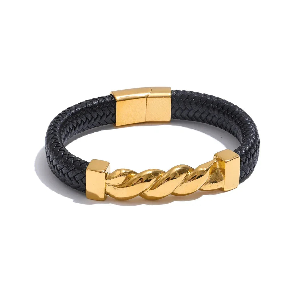 65mm Leather Metal Twisted Chain Handmade Wide Bracelet Bangle - ShopHub