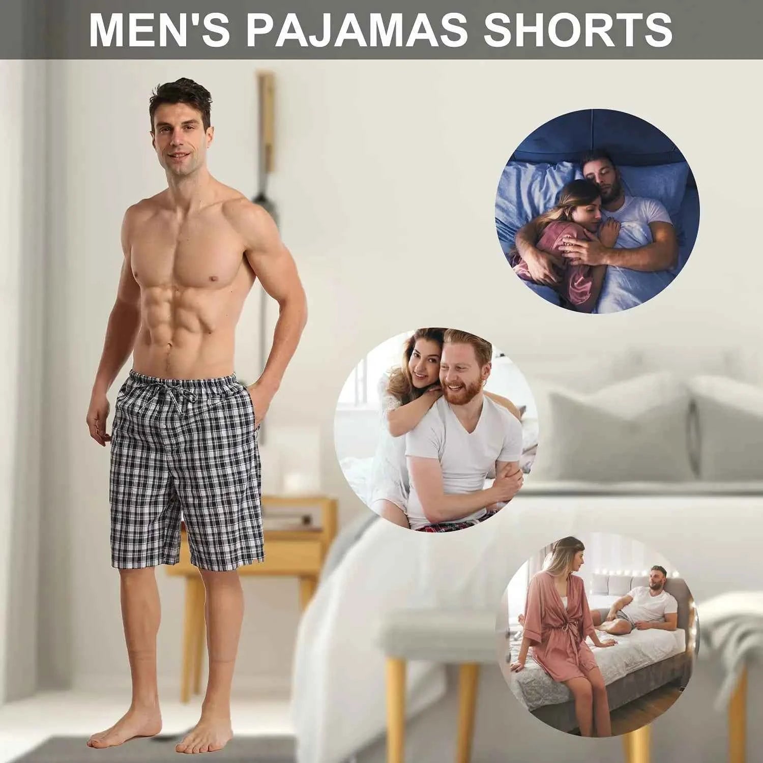 Mens Casual Pajama Shorts Summer Pajama for Men, Soft Cotton Sleep Shorts for Men Plaid Loung Short Sets with Pockets Pjs Bottom