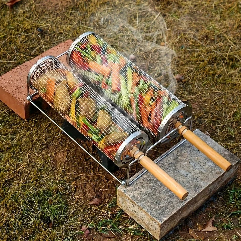 2-Piece Stainless Steel BBQ Grill Set with Wood Handle & Hook