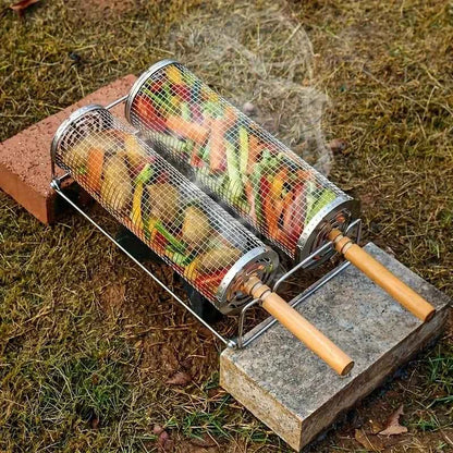 2Pcs Stainless Steel BBQ Grill Set, Camping Supplies & Equipment, Heavy Duty Camping Cooking Tool with Wood Handle & Hook
