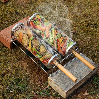 2Pcs Stainless Steel BBQ Grill Set - Heavy Duty Camping Cooking Tool with Wood Handle & Hook