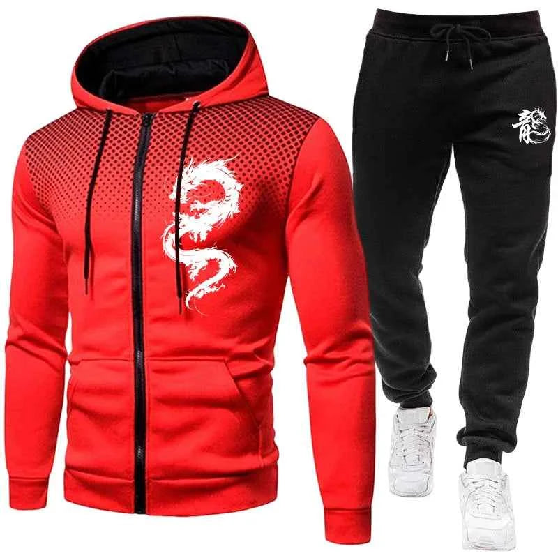 Men's Dragon Print Tracksuit - Urban Casual Fashion Hoodie and Jogger Pants Set for Stylish Comfort