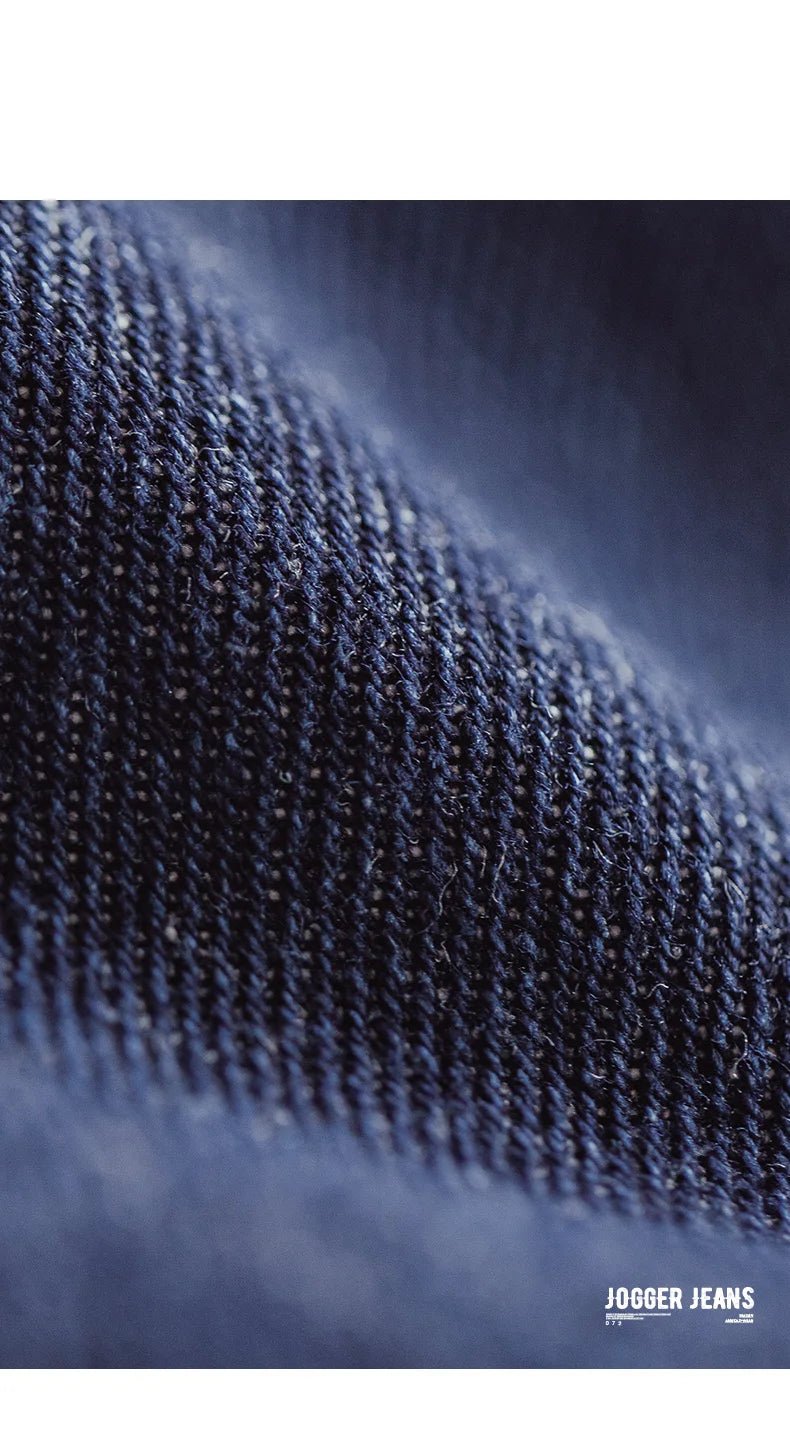 Maden Casual 10oz Jogger Denim Jeans with Elastic Waist Drawstring Washed Straight Trousers for Men's Spring and Autumn Pants