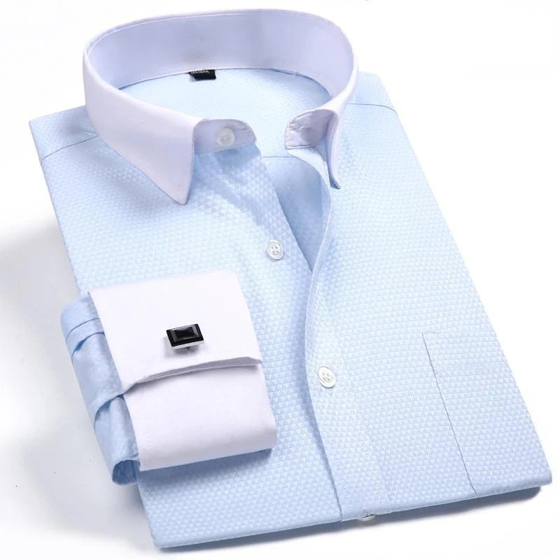Quality Gentle Formal Men's Dress Shirt with French Cuff, Long Sleeve Solid & Striped Styles, Plus Size & Cufflinks Included