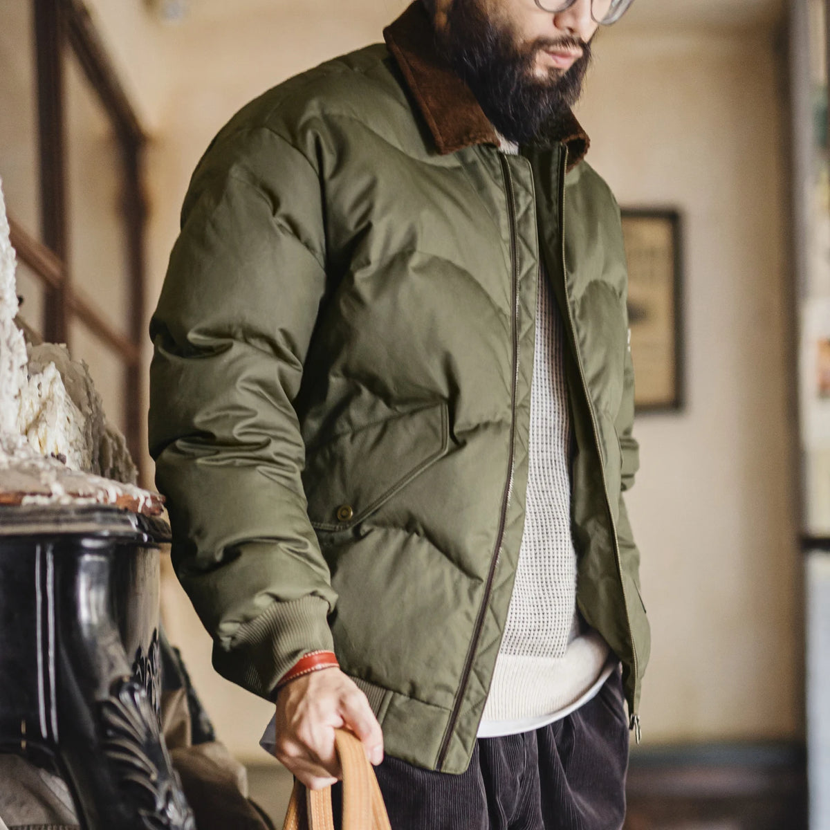 MADEN Corduroy-Collar Quilted Bomber Jacket