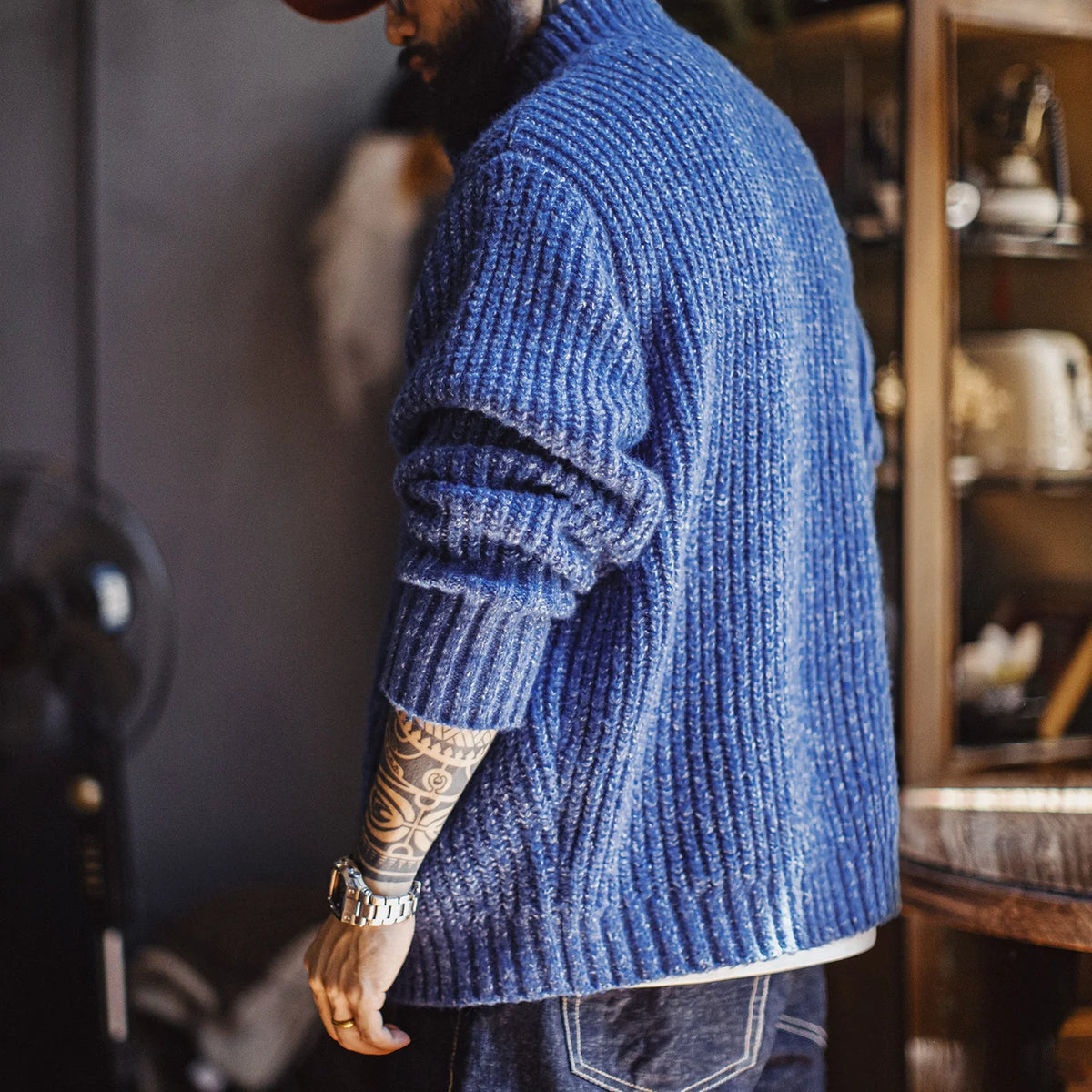 MADEN Blue High-Neck Zip Cardigan