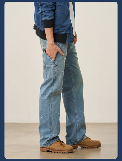 SIMWOOD High Standard 2026 Autumn New Loose Relax 12oz Fabric Denim Logger Pants Men Outdoor Workerwear Paint Splatter Jeans
