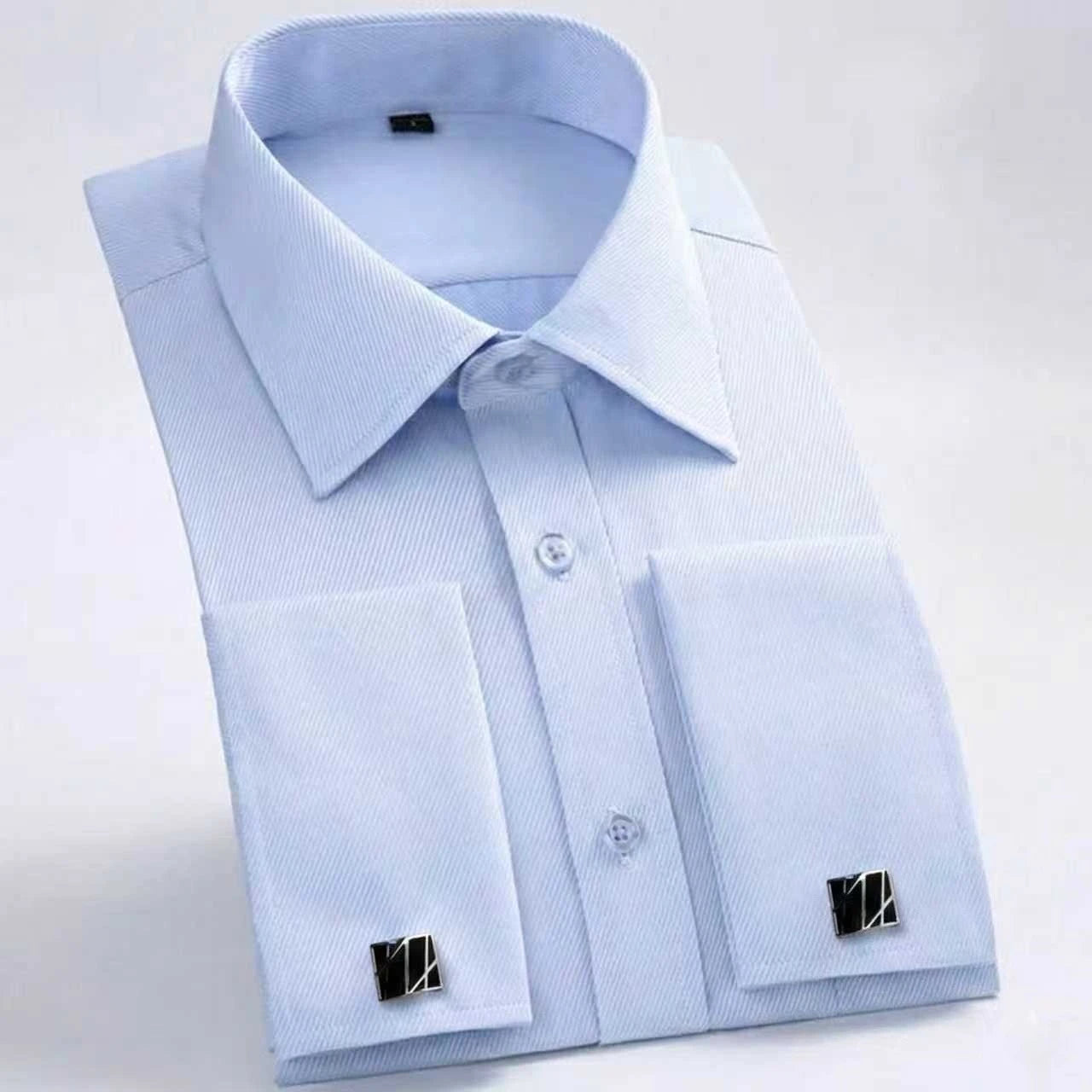 Quality Gentle Formal Men's Dress Shirt with French Cuff, Long Sleeve Solid & Striped Styles, Plus Size & Cufflinks Included