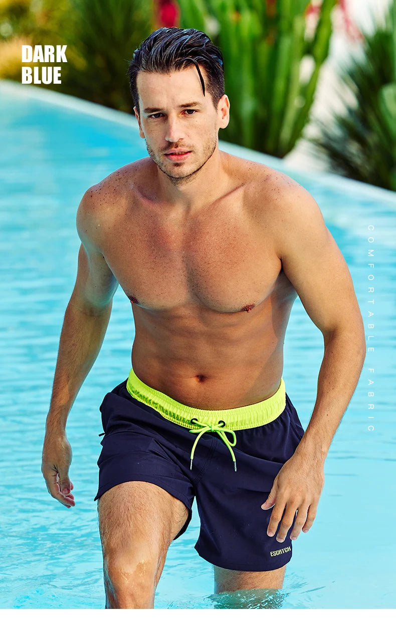 Men's DATIFER 2026 beach embroidery logo boardshorts with long lining, elastic waist, suitable for swimming and gym activities.