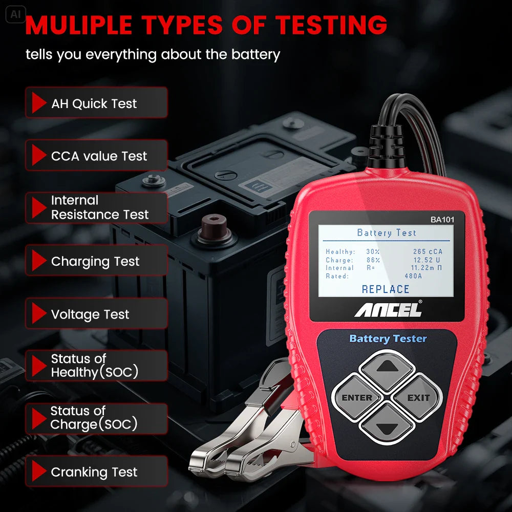 BA101 Car Battery Tester – 12V Load Analyzer (100–2000 CCA) Habicare