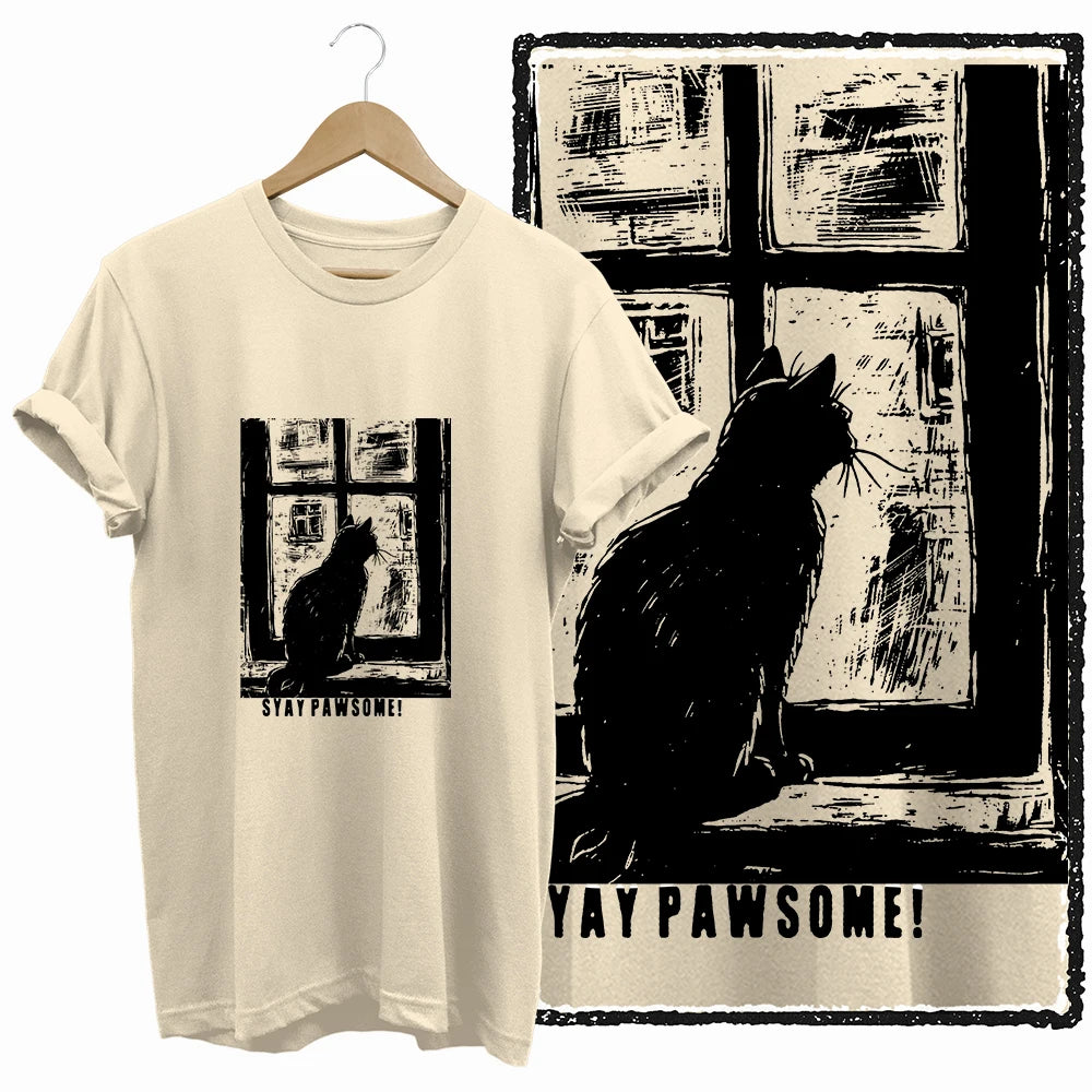 COOLMIND 100% Cotton Beige Cat Print Exclusive Graphic Women T Shirt Big Size Loose Cotton Cat Lover Women T Shirt Lovely Cat Te