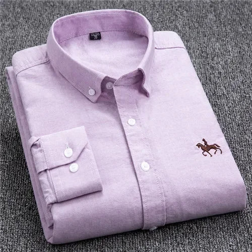 Casual Cotton Oxford Shirts for Men - Long Sleeve Regular Fit White Dress Shirt
