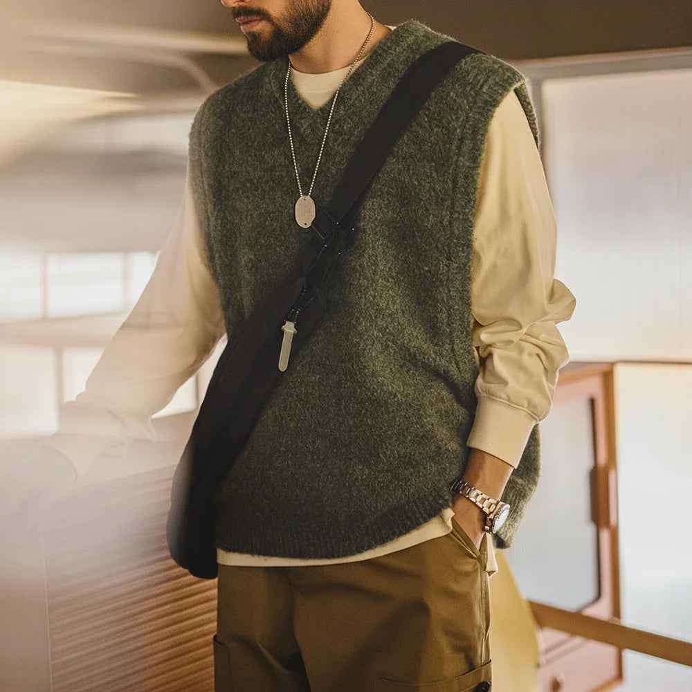MADEN Moss-Green V-Neck Knit Vest