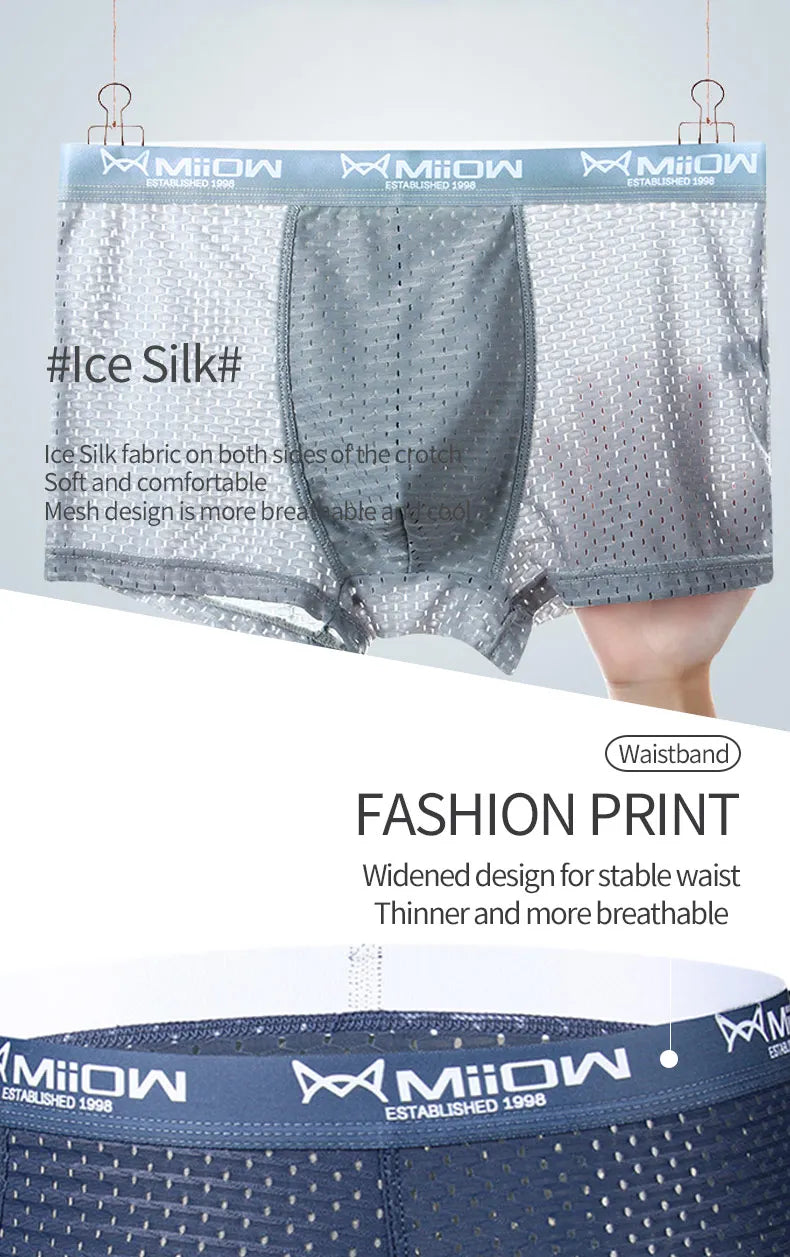 MiiOW Ice Silk Men Underwear - 3Pcs Sexy Mesh Breathable Boxer Shorts