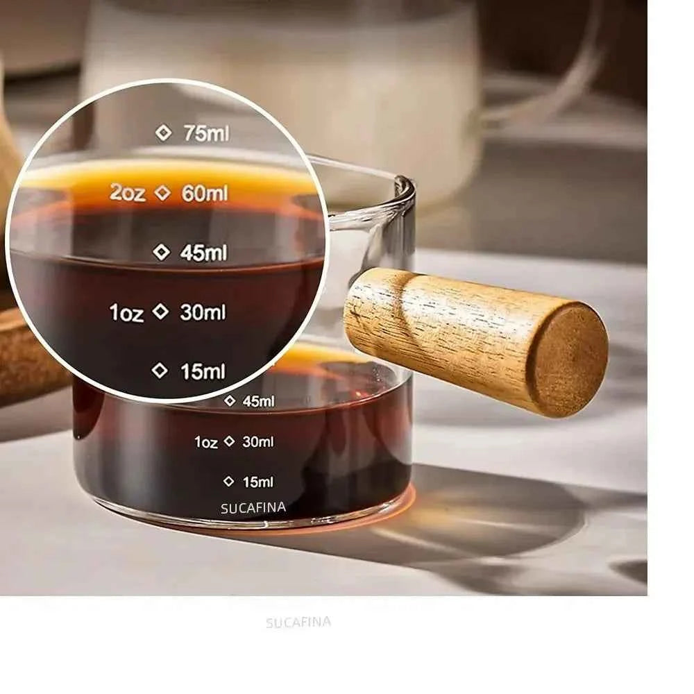 Glass Measuring Cup with Wood Handle, Double Spout Espresso Milk Coffee Mug, Clear Baking Kitchen Tool