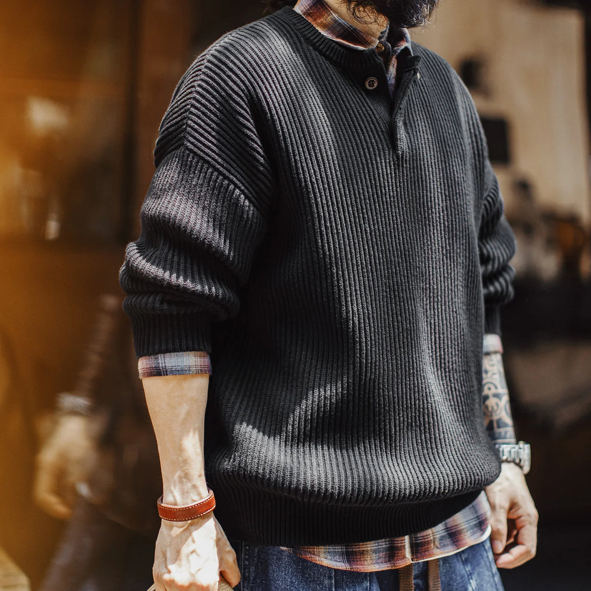 MADEN Black Heavyweight Henley Sweater