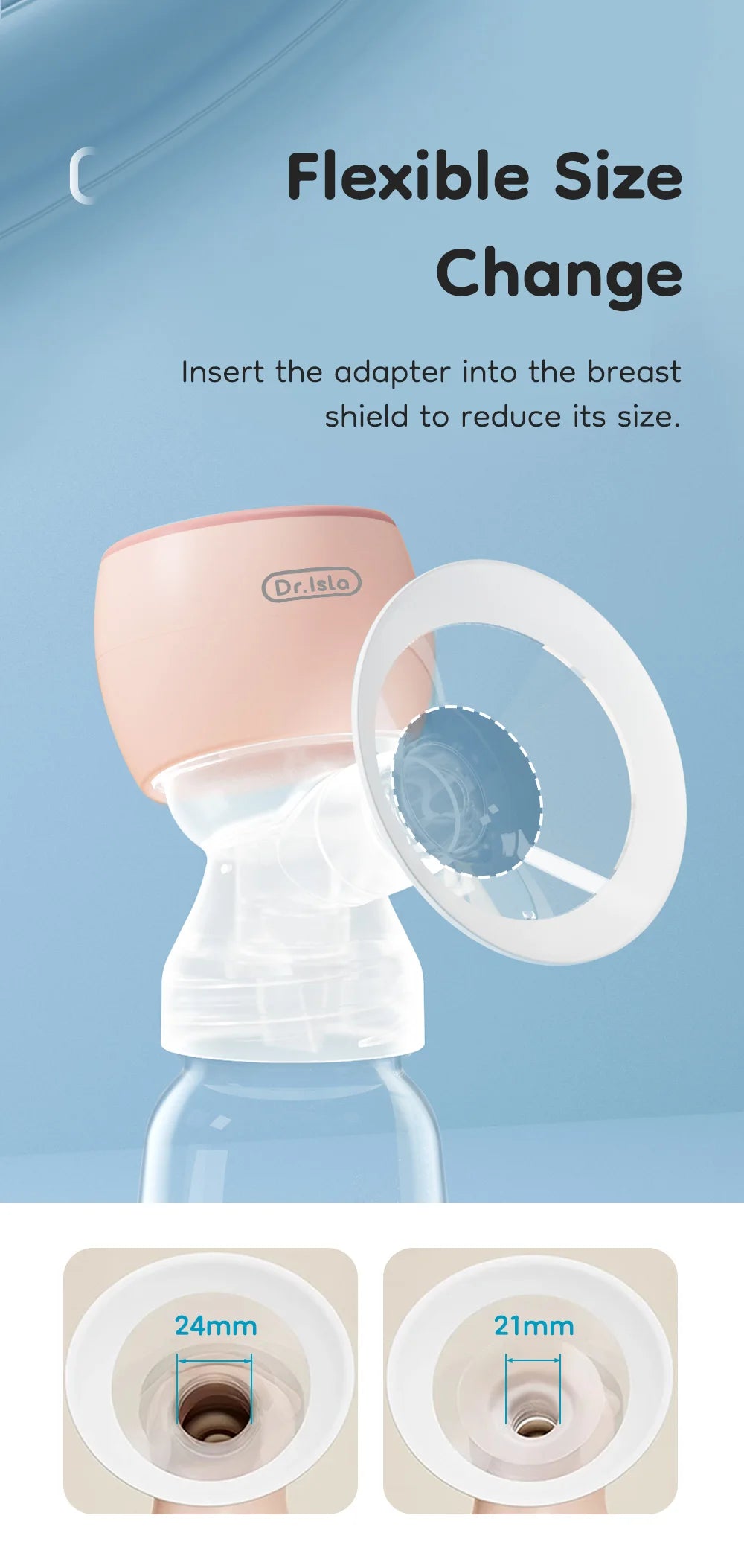 Breast pump with adapter for flexible size change on a blue background