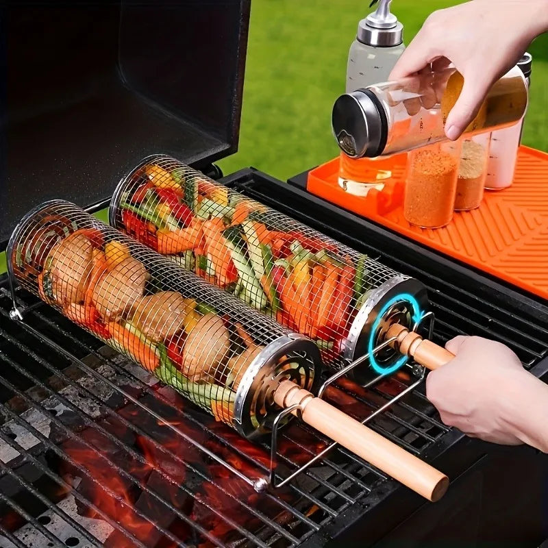 2-Piece Stainless Steel BBQ Grill Set with Wood Handle & Hook