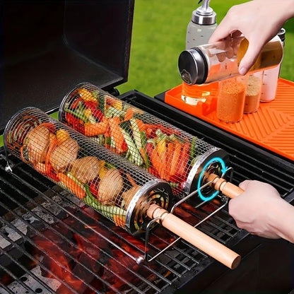 2Pcs Stainless Steel BBQ Grill Set - Heavy Duty Camping Cooking Tool with Wood Handle & Hook