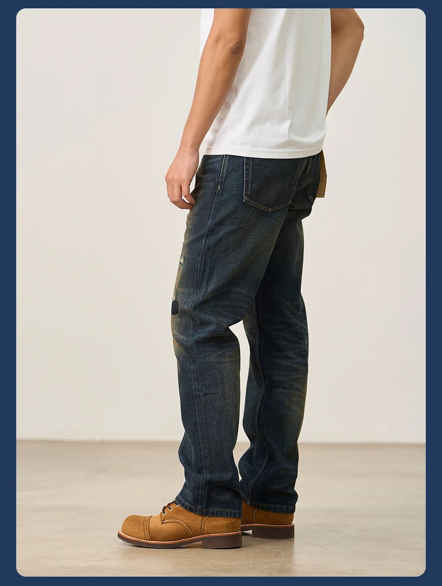 SIMWOOD 2026 Spring New Loose Straight 16oz Heavyweight Selvedge Denim Jeans Men Vintage Distressed Ripped Jeans
