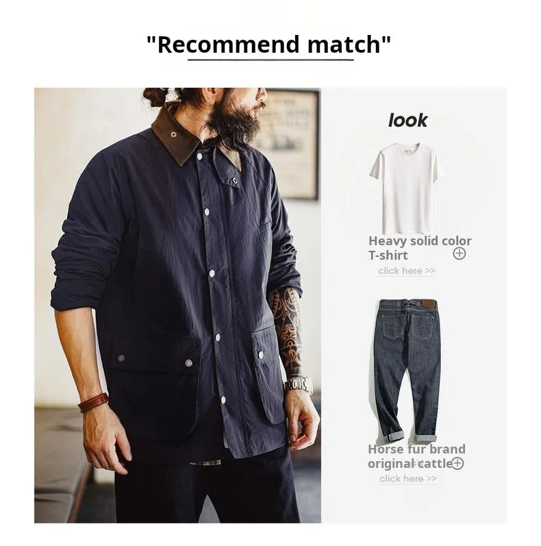 Maden Vintage Men's Blue Safari Jacket Waterproof Hunting Coat Loose Fit Windproof Contrast Collar Windbreak  for Spring Fall
