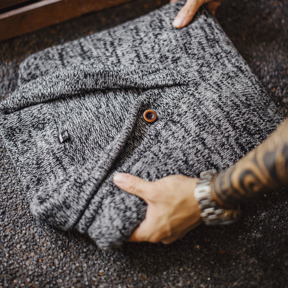 MADEN Grey Cotton Shawl-Collar Sweater