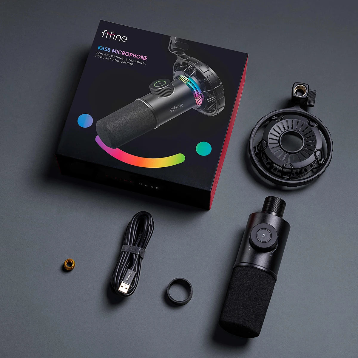 FIFINE gaming dynamic microphone with RGB lighting, adjustable controls, and professional audio quality for gaming and streaming.