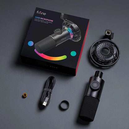 FIFINE gaming dynamic microphone with RGB lighting, adjustable controls, and professional audio quality for gaming and streaming.
