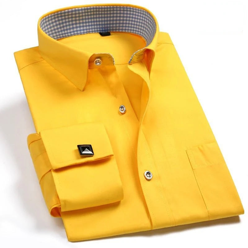 Quality Gentle Formal Men's Dress Shirt with French Cuff, Long Sleeve Solid & Striped Styles, Plus Size & Cufflinks Included