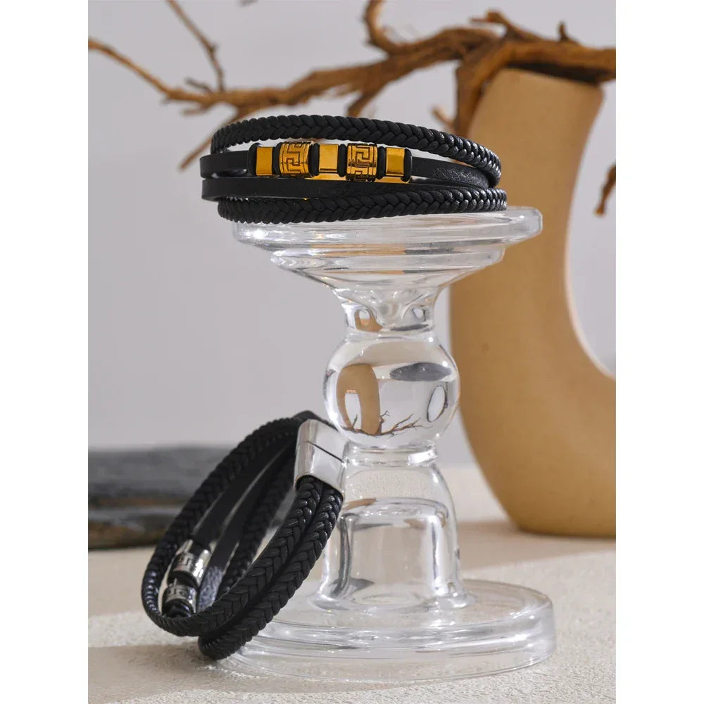 68mm Leather Braided Handmade Layered Men's Bracelet Bangle - ShopHub