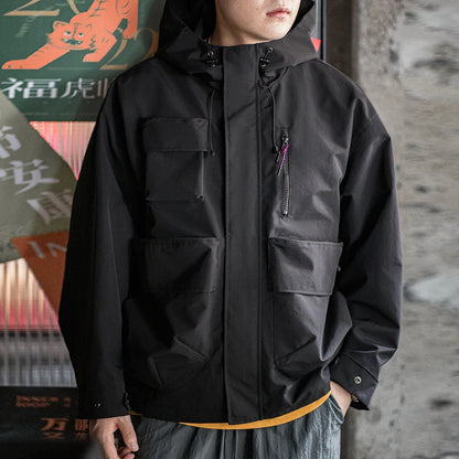 Maden Casual Multi-Pocket Functional Hooded Jacket Black Loose Outdoor Sports Coat for Men's Spring and Autumn Versatile Jacket