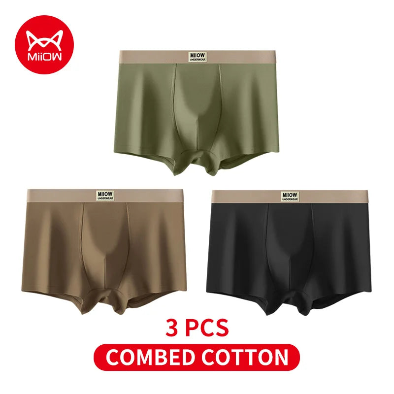 MiiOW 3Pcs Men's Cotton Underwear Antibacterial Breathable Crotch Soft Boxershorts