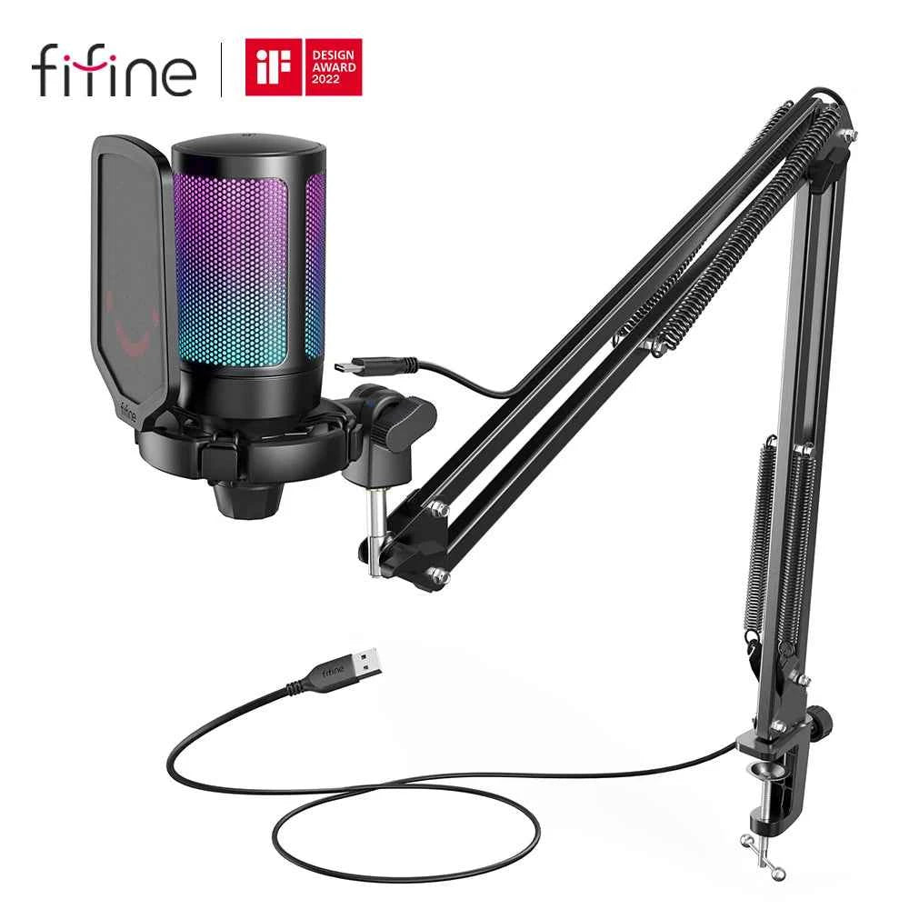 FIFINE Gaming USB Microphone Kit with Arm Stand for PC,PS4/5,Condenser Cardioid Mic Set with Touch Mute,RGB for Streaming -A6T