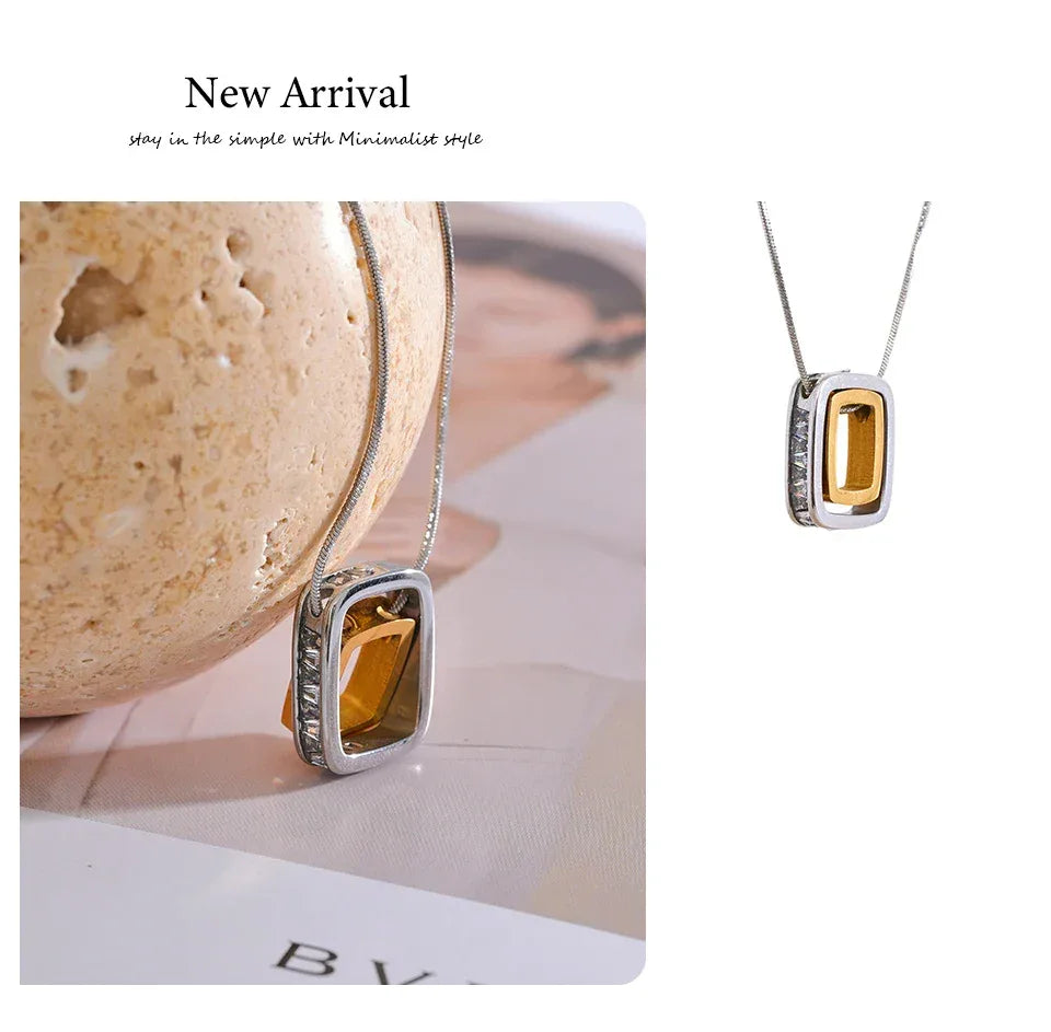 316L Stainless Steel Square Hollow Double Layered Overlay Pendant Necklace - ShopHub