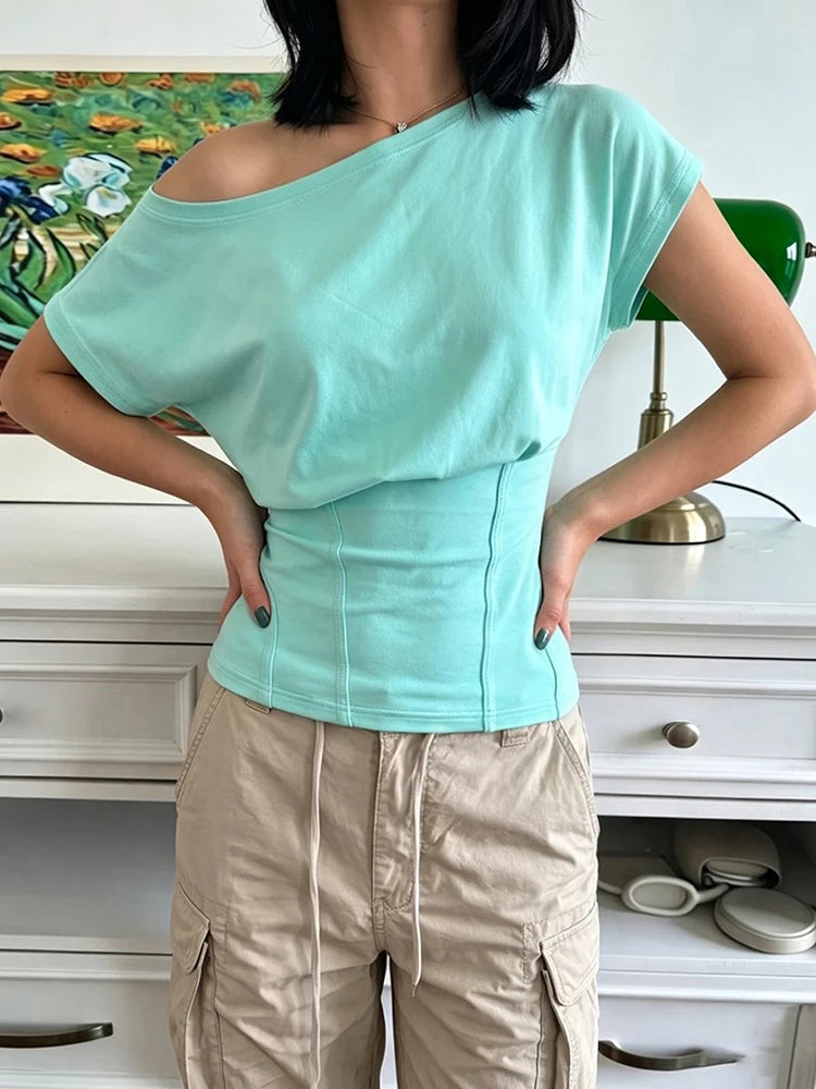 Kliou Casual Fashion Skew Collar T-Shirts