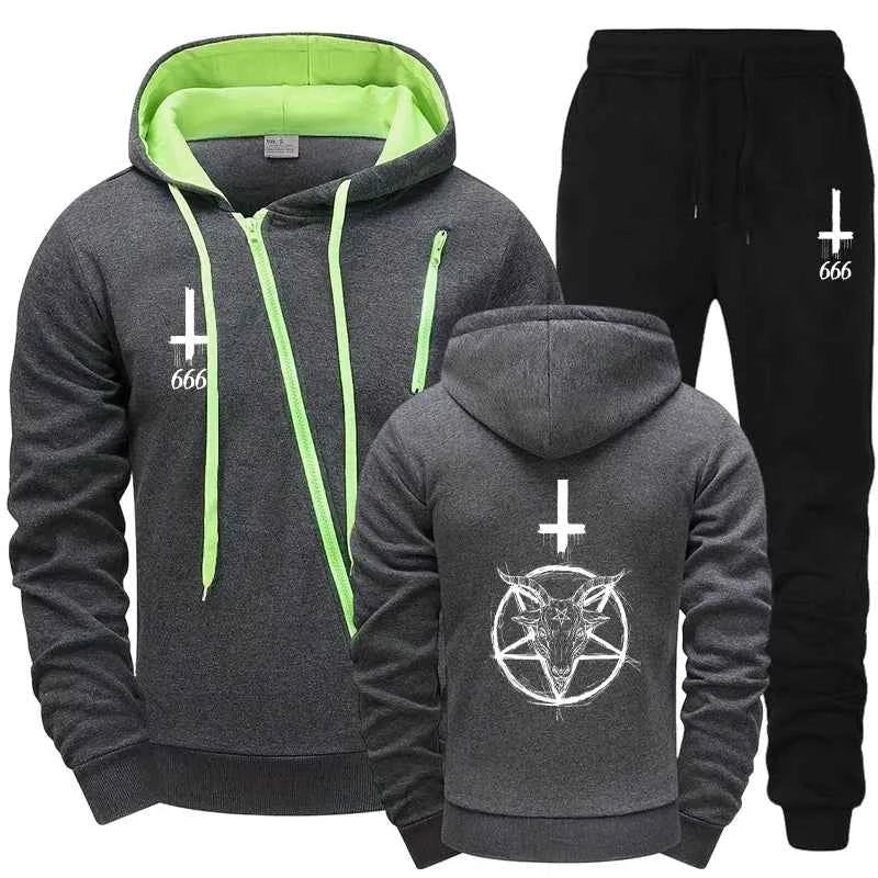 Satan Mens Tracksuit Set - Stylish Hoodie with Diagonal Zipper and Comfortable Sweatpants for Urban Streetwear This Autumn Winter